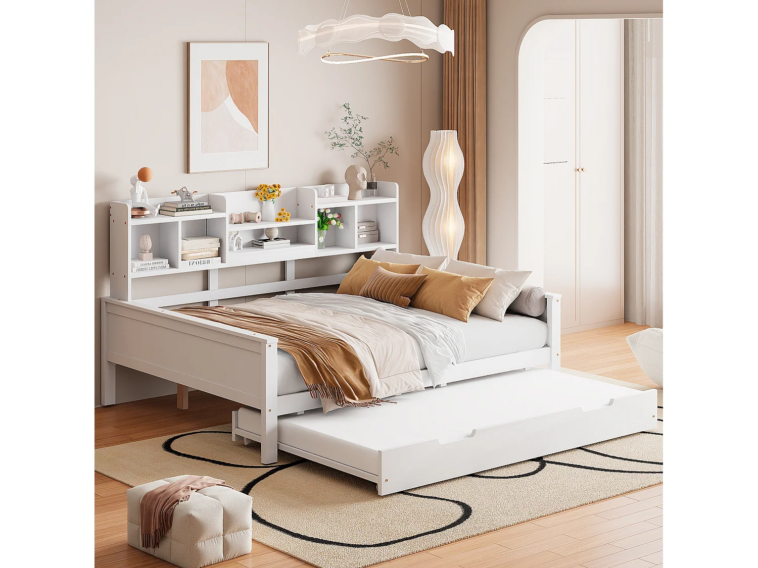 Łóżko pojedyncze z wysuwanym łóżkiem - 140 x 200 cm + 90 x 190 cm - Sofa rozkładana z miejscem do przechowywania - Sosna + sklejka + MDF - biały 4101482 - obrazek 1
