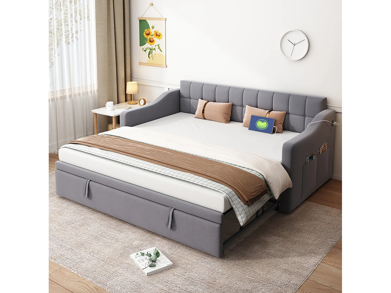 Łóżko tapicerowane 2w1 wysuwane - 90/180 x 190 cm - sofa rozkładana z gniazdkiem elektrycznym i miejscem do przechowywania - tkanina aksamitna - szary 4101479 - obrazek 1