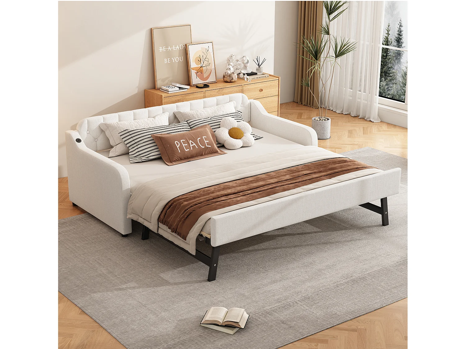 Łóżko pojedyncze z wysuwanym łóżkiem - 2 x 90 x 190 cm - Sofa rozkładana z USB - Pościel + MDF - beż 4101487 - obrazek 1