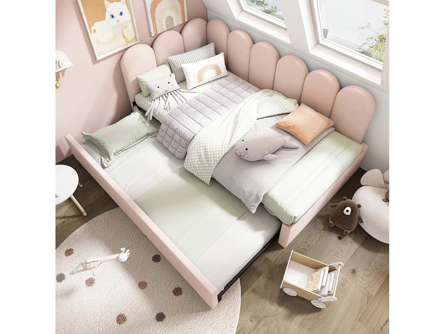 Łóżko tapicerowane wysuwane – 90 x 200 cm + 90 x 190 cm – sofa dziecięca rozkładana – bez materaca – aksamit – różowy 4101489
