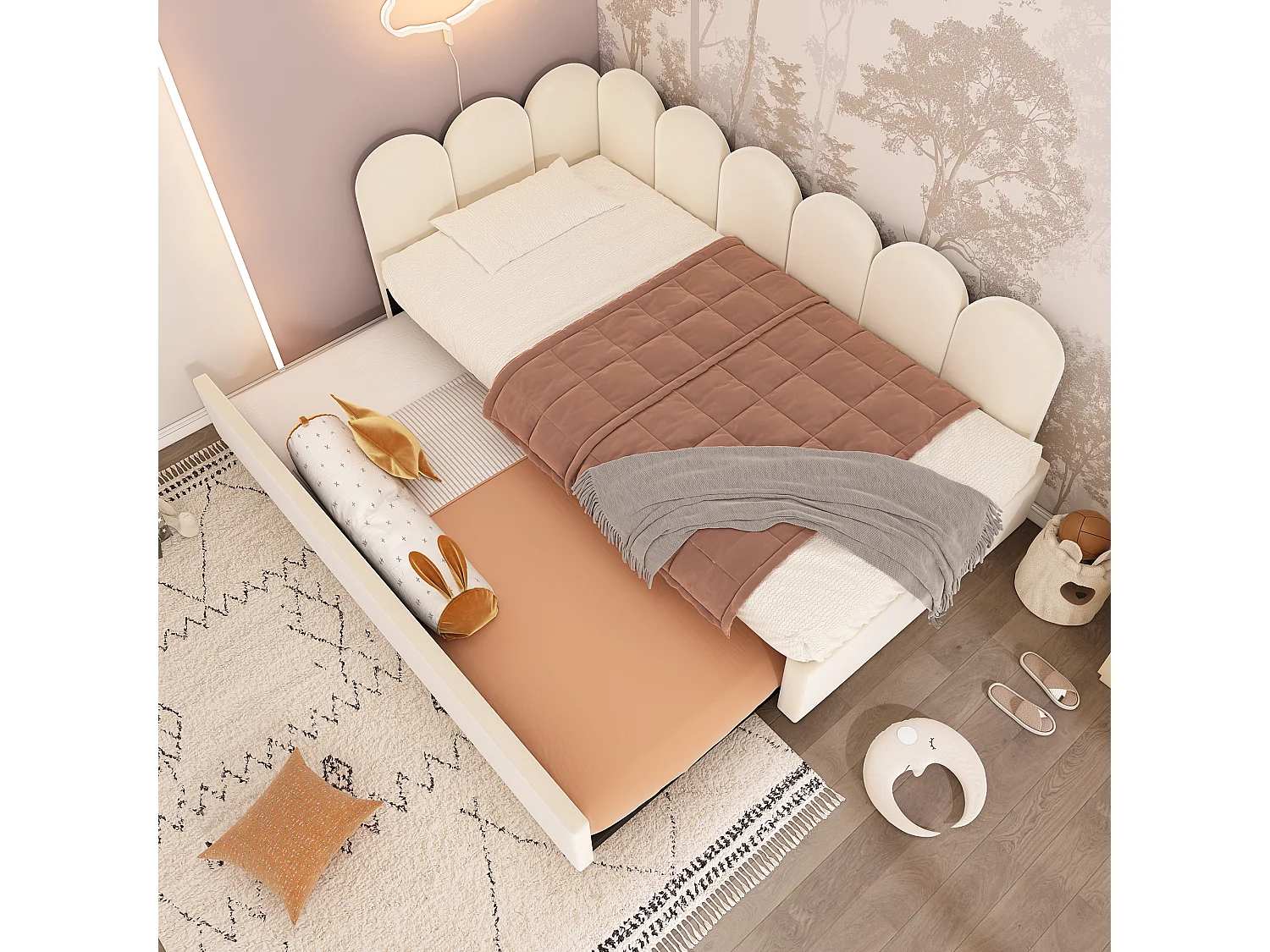 Łóżko tapicerowane wysuwane - 90 x 200 cm + 90 x 190 cm - sofa dziecięca rozkładana - bez materaca - aksamit - beż 4101491 - obrazek 1