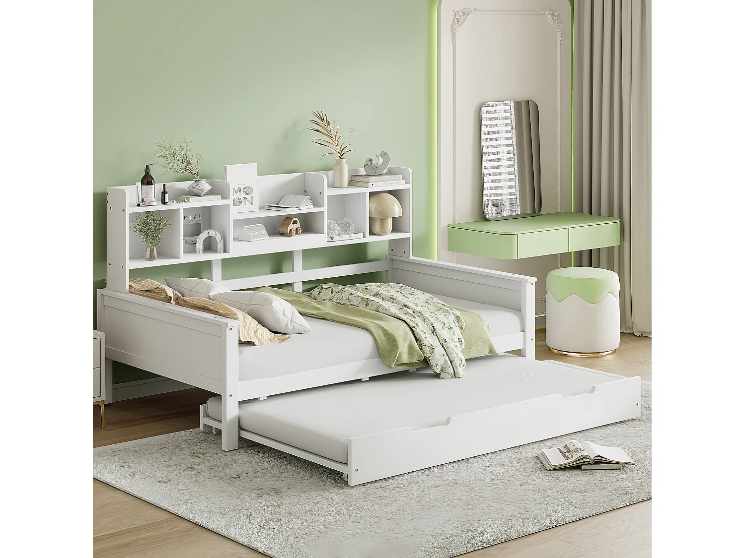 Łóżko pojedyncze z wysuwanym łóżkiem - 90 x 200 cm + 90 x 190 cm - Sofa rozkładana z miejscem do przechowywania - Sosna + sklejka + MDF - biały 4101494 - obrazek 1