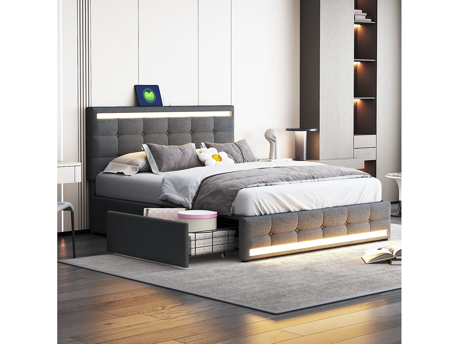 Łóżko tapicerowane ze schowkiem - 140 x 200 cm - 4 szuflady + 2 stacje ładowania USB + diody LED - zagłówek - tkanina lniana - szary 4101496 - obrazek 1