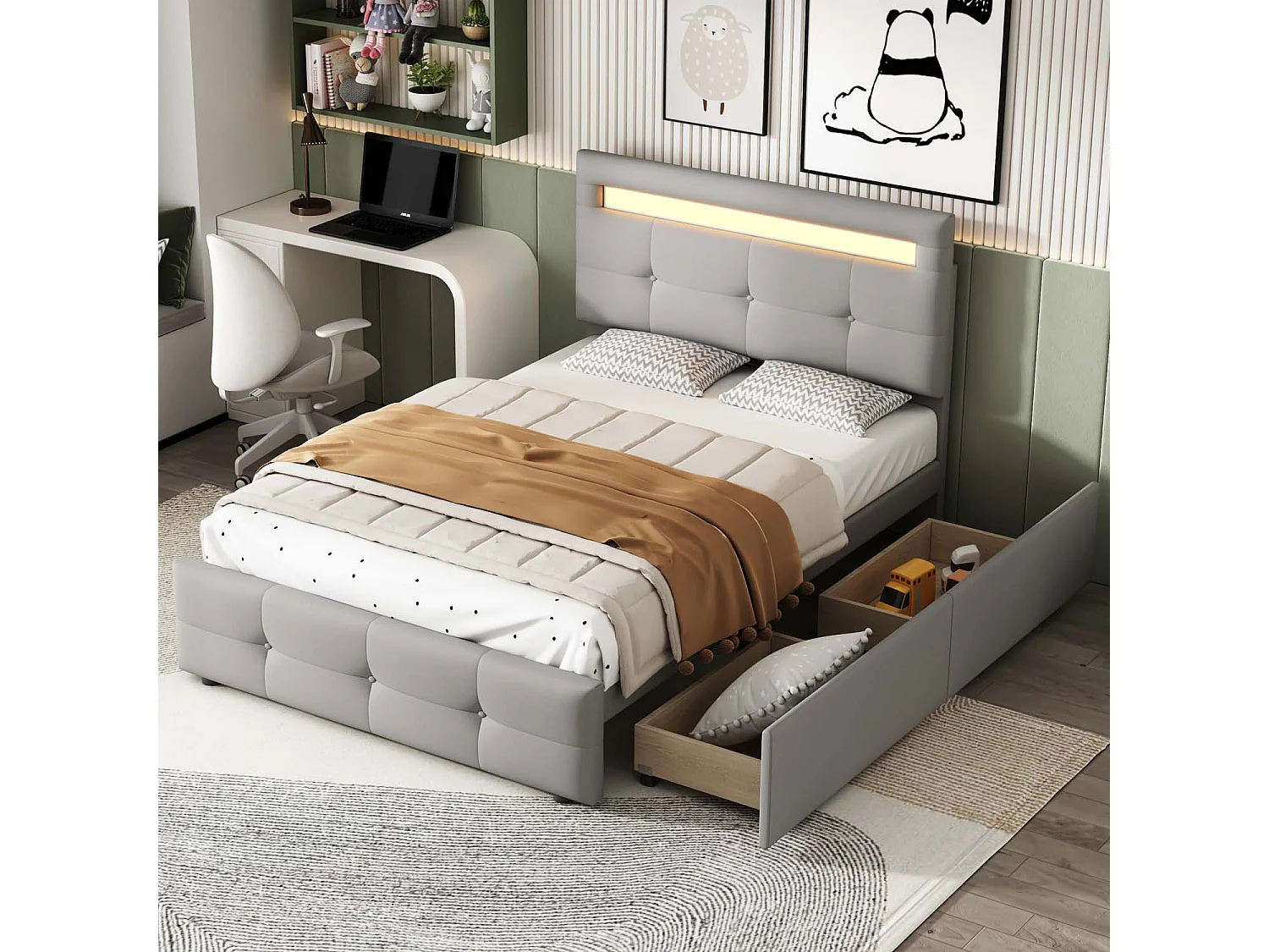Łóżko pojedyncze 90x200cm z tkaniny lnianej z LED i 2 szufladami - Szare 1543789 - obrazek 1