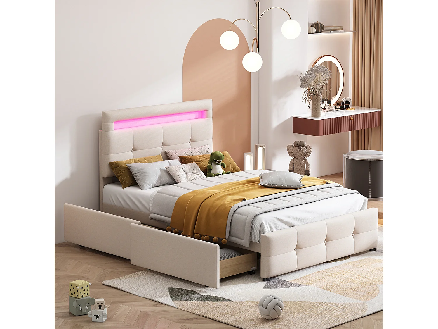 Łóżko pojedyncze 90x200cm z tkaniny lnianej z LED i 2 szufladami - Beżowe 1543851 - obrazek 1