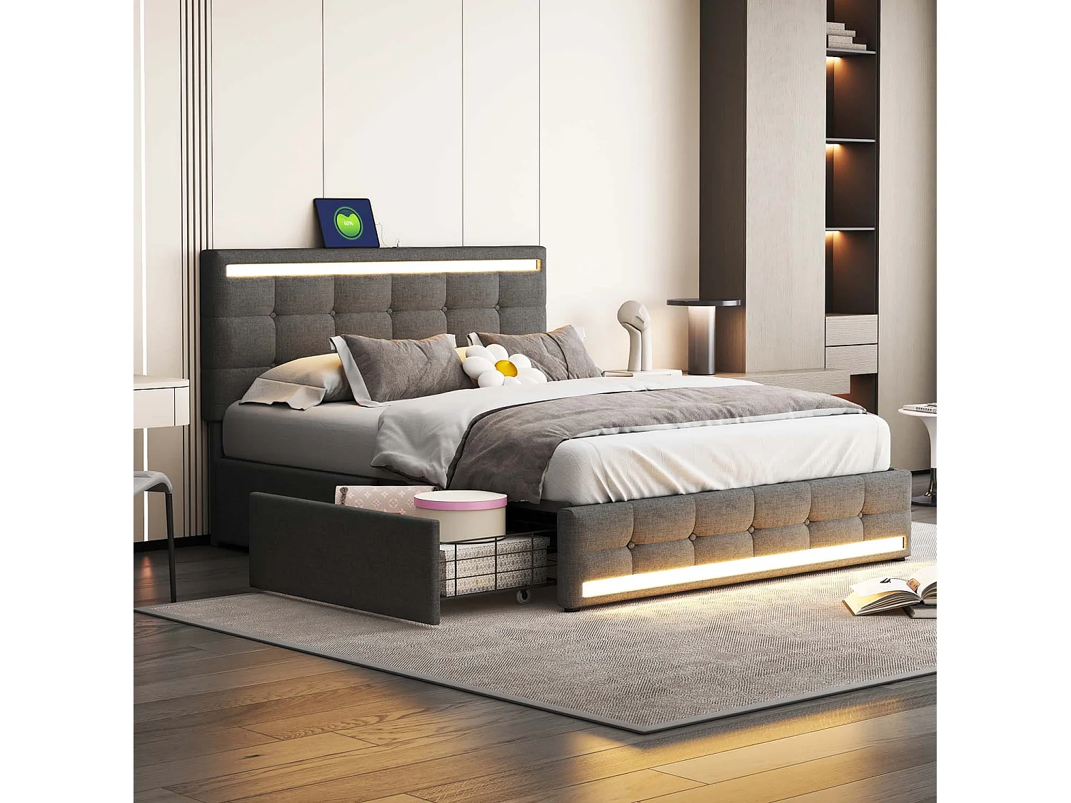 Łóżko tapicerowane lnem z 4 szufladami + LED i 2 portami USB + stelaż na listwy - 140x200cm - len - szary 1543867 - obrazek 1