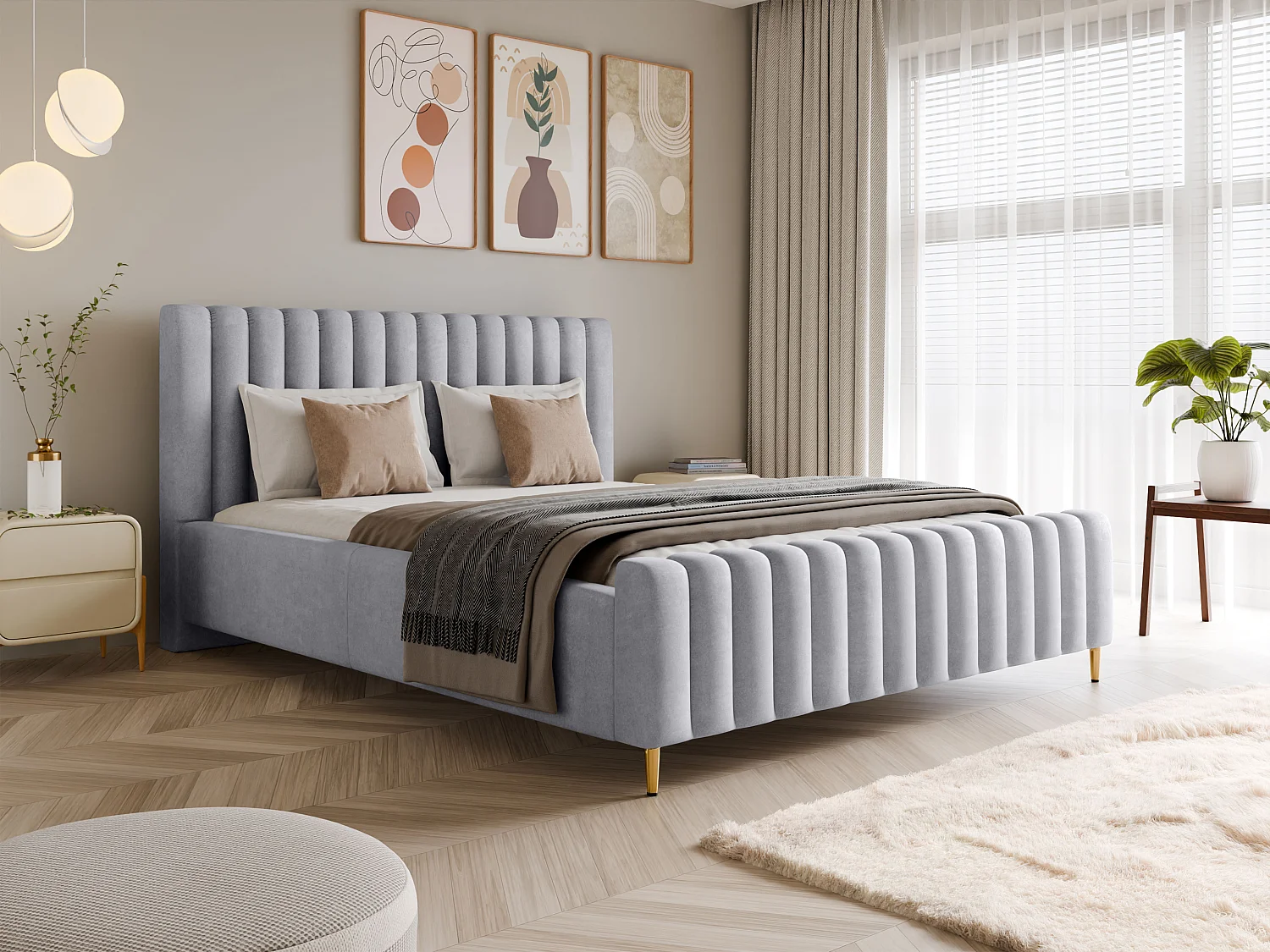 Łóżko tapicerowane Lux srebrne 160x200, z pojemnikiem, zagłówkiem, stelażem, złote nogi, tkanina Amon 4105423 - obrazek 1