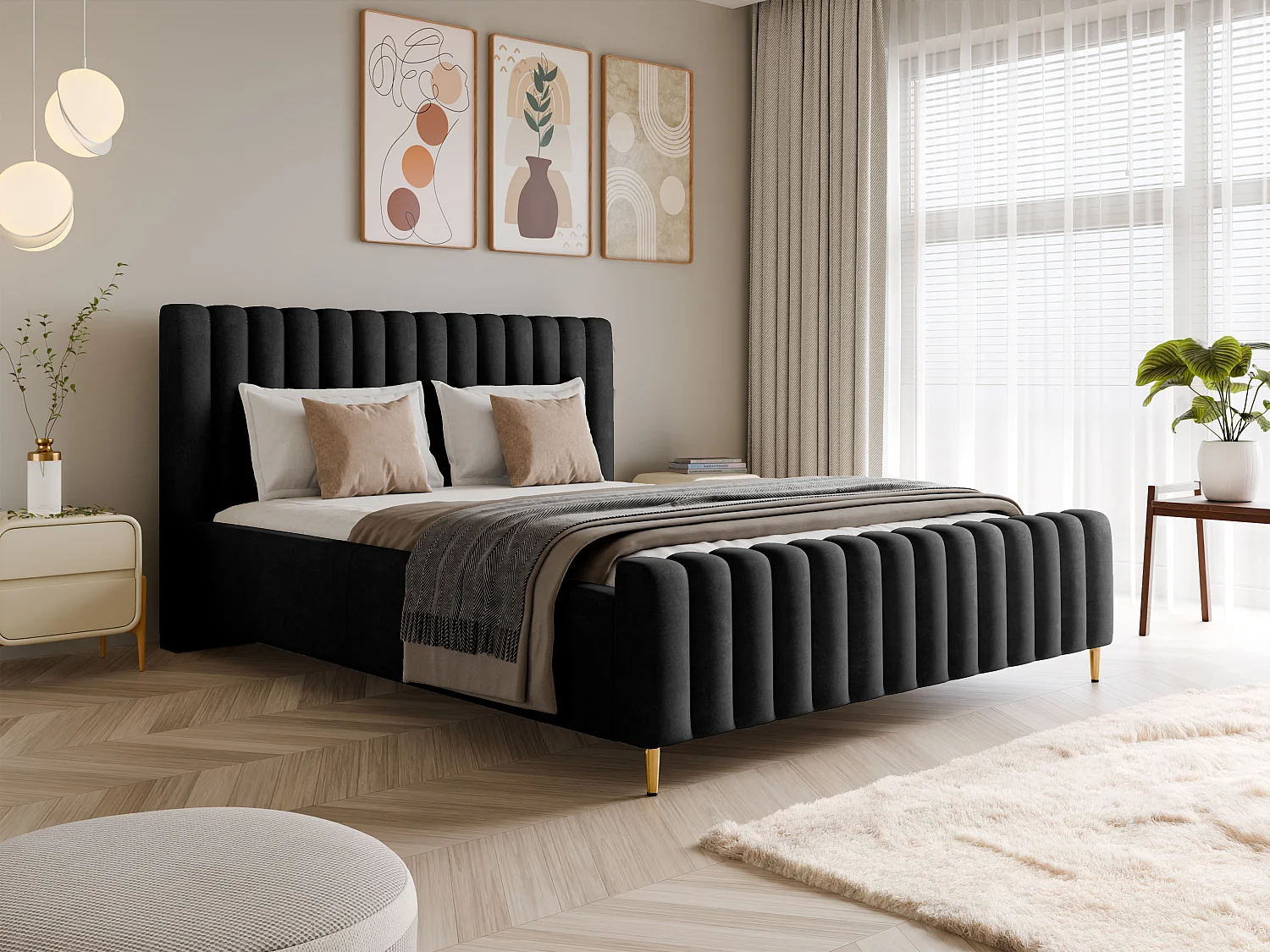 Łóżko tapicerowane Lux czarne 120x200, z pojemnikiem, zagłówkiem, stelażem, złote nogi, tkanina Amon 4105433 - obrazek 1