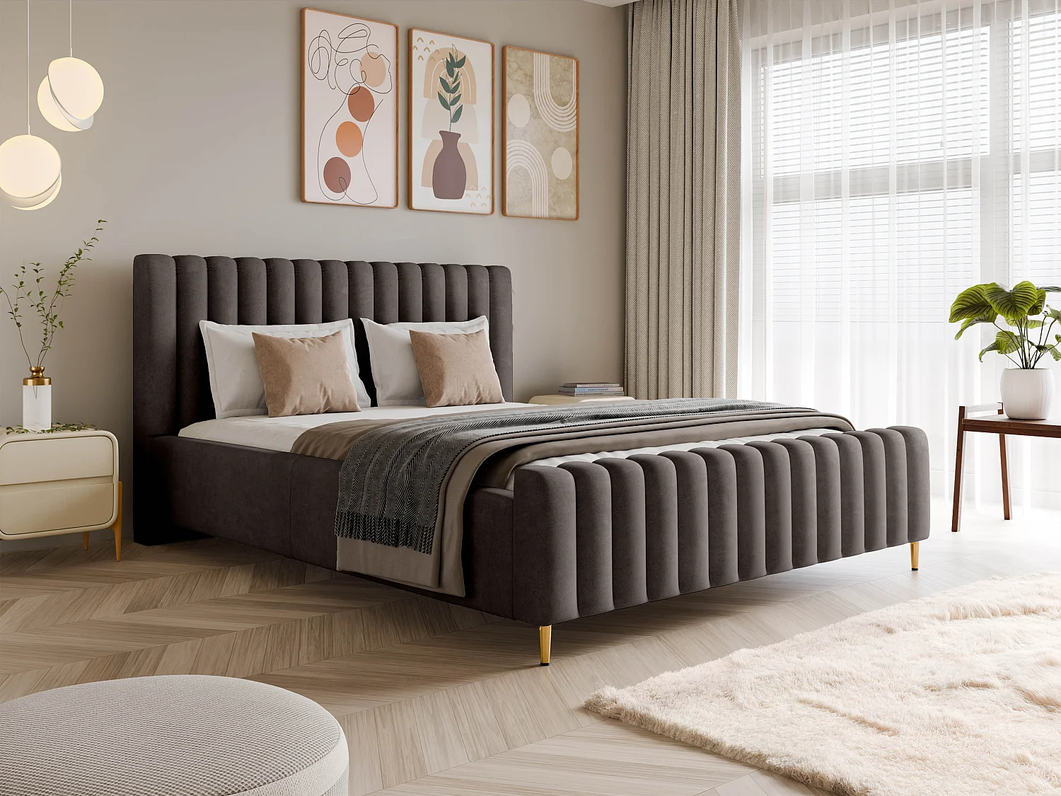 Łóżko tapicerowane Lux antracytowe 120x200, z pojemnikiem, zagłówkiem, stelażem, złote nogi, tkanina Amon 4105438 - obrazek 1