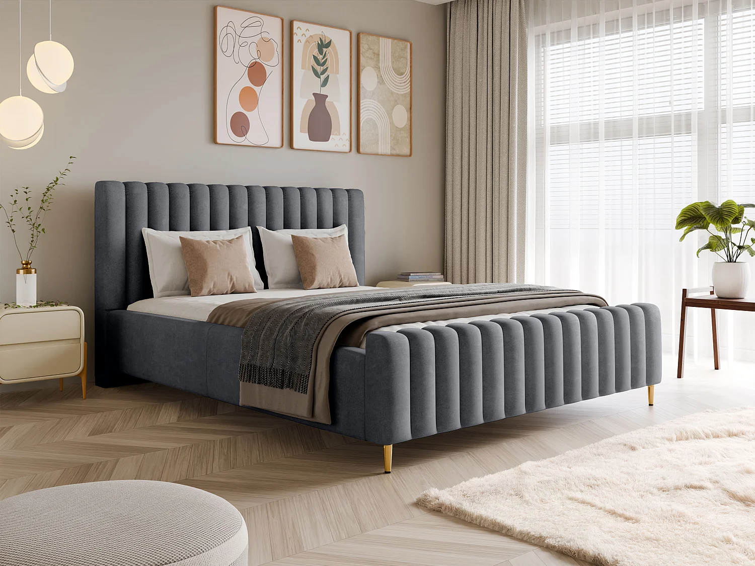 Łóżko tapicerowane Lux jasnoszare 120x200, z pojemnikiem, zagłówkiem, stelażem, złote nogi, tkanina Amon 4105440 - obrazek 1