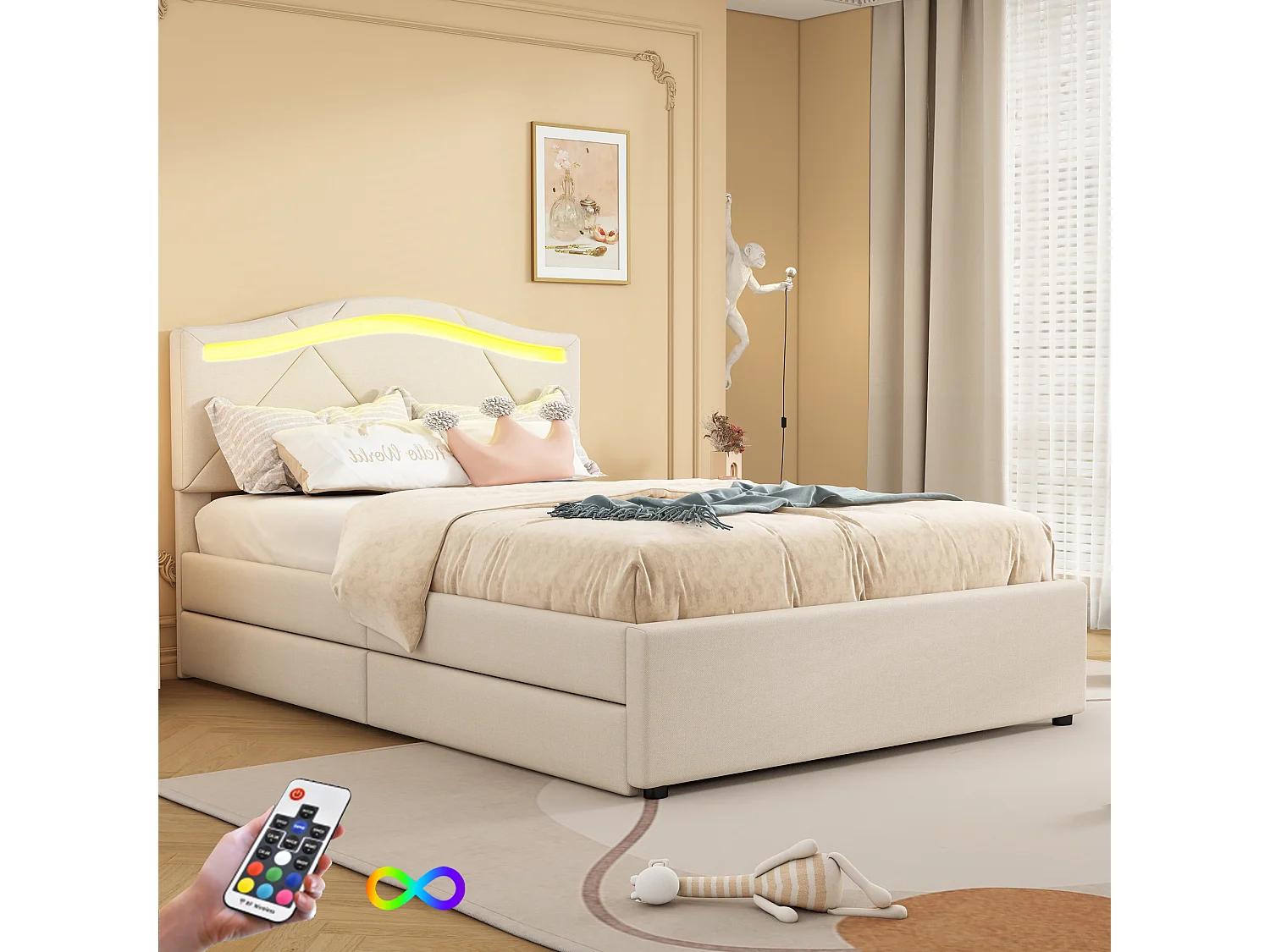 Łóżko tapicerowane 90 x 200 cm z regulowanym wezgłowiem - tkanina lniana - diody LED - kolor beżowy 3453590 - obrazek 1