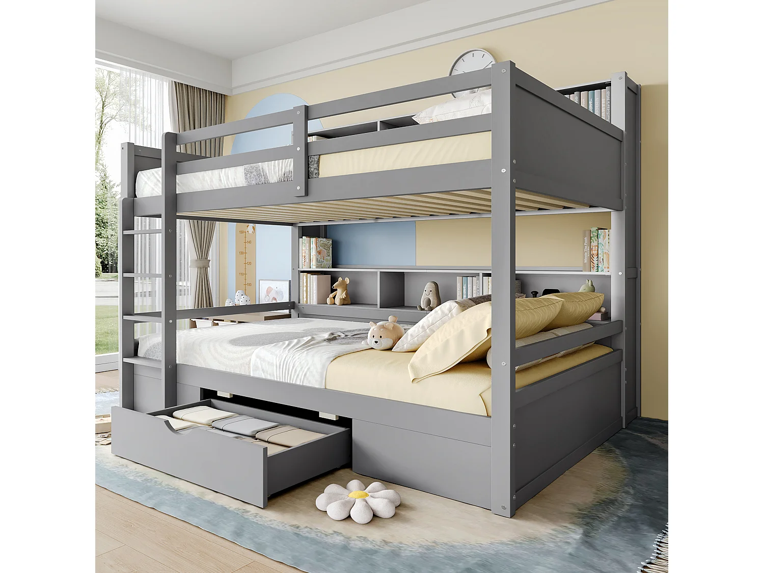 Łóżko piętrowe dwuosobowe z szufladą i regałami na książki – 90 x 200 cm – drewno sosnowe i płyta MDF – w zestawie stelaż z listew – kolor szary 2123929