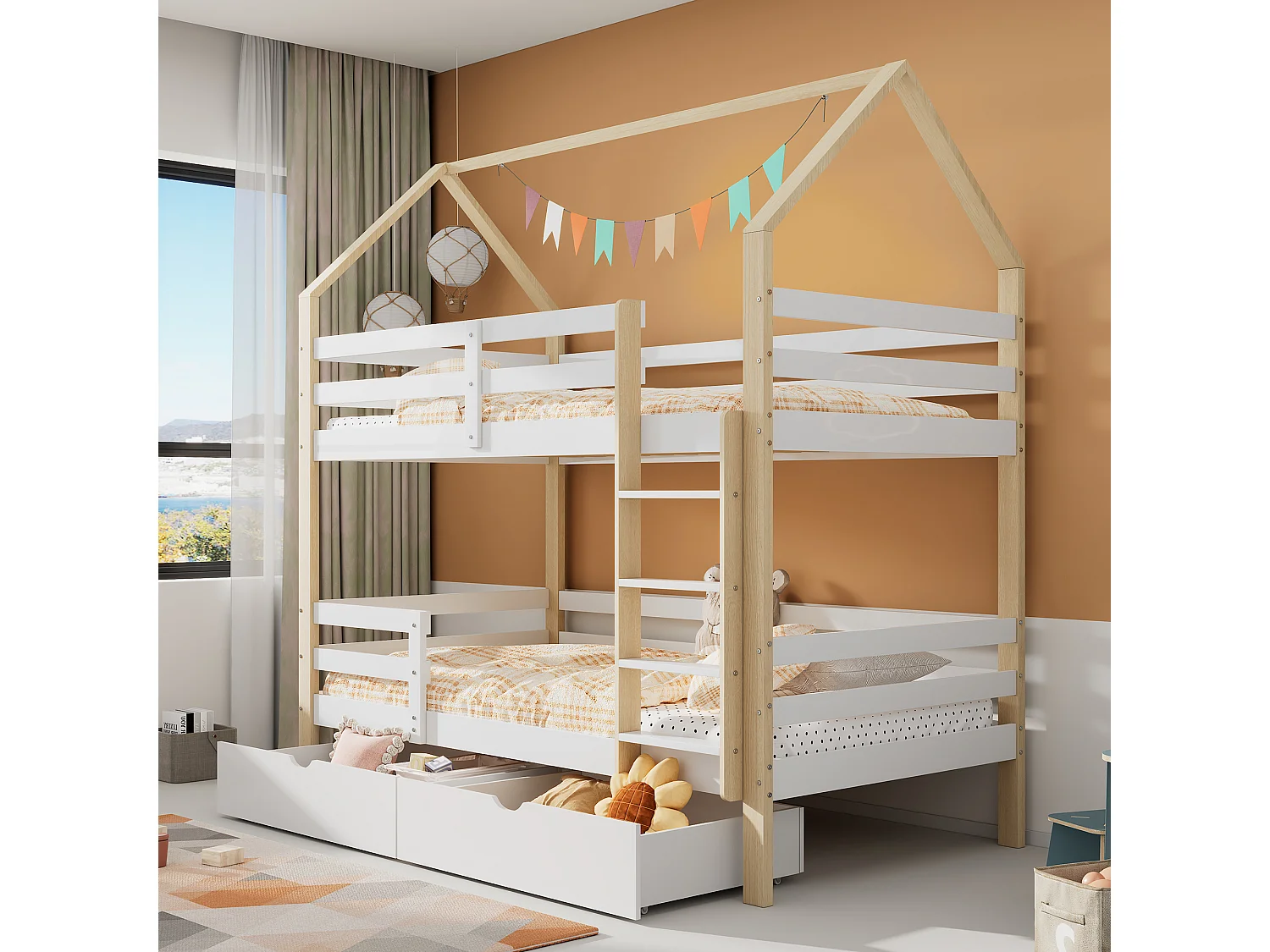 Łóżko piętrowe z pojemnikiem – 2 x 90 x 200 cm – sosna – stelaż z listew – kolor naturalny i biały 1753657