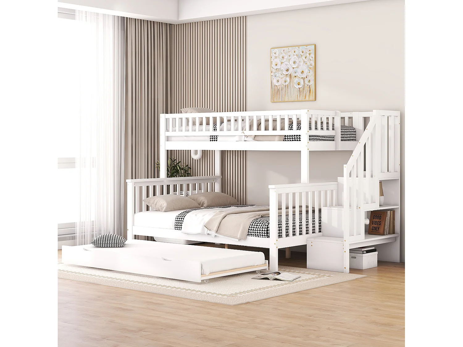 Łóżko piętrowe z łóżkiem wysuwanym dla 3 osób - 90 x 200 cm + 140 x 200 cm - schody i półki - sosna i MDF - białe 2123945 - obrazek 1