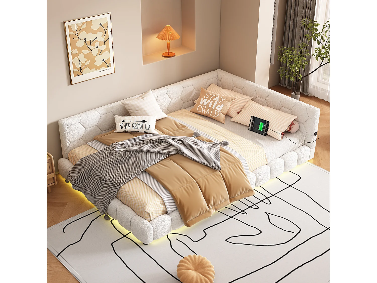 Łóżko tapicerowane 140 x 200 cm z zagłówkiem dla dorosłych - LED + port USB - Tkanina pluszowa - Białe 3351670 - obrazek 1