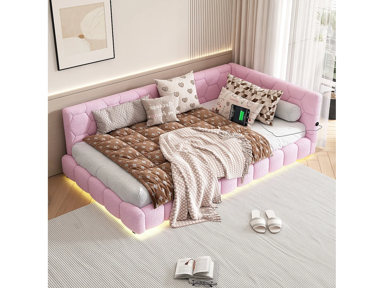 Łóżko tapicerowane dla dzieci 90 x 200 cm z zagłówkiem - diody LED + port USB - pluszowa tkanina - różowe 3351695 - obrazek 1