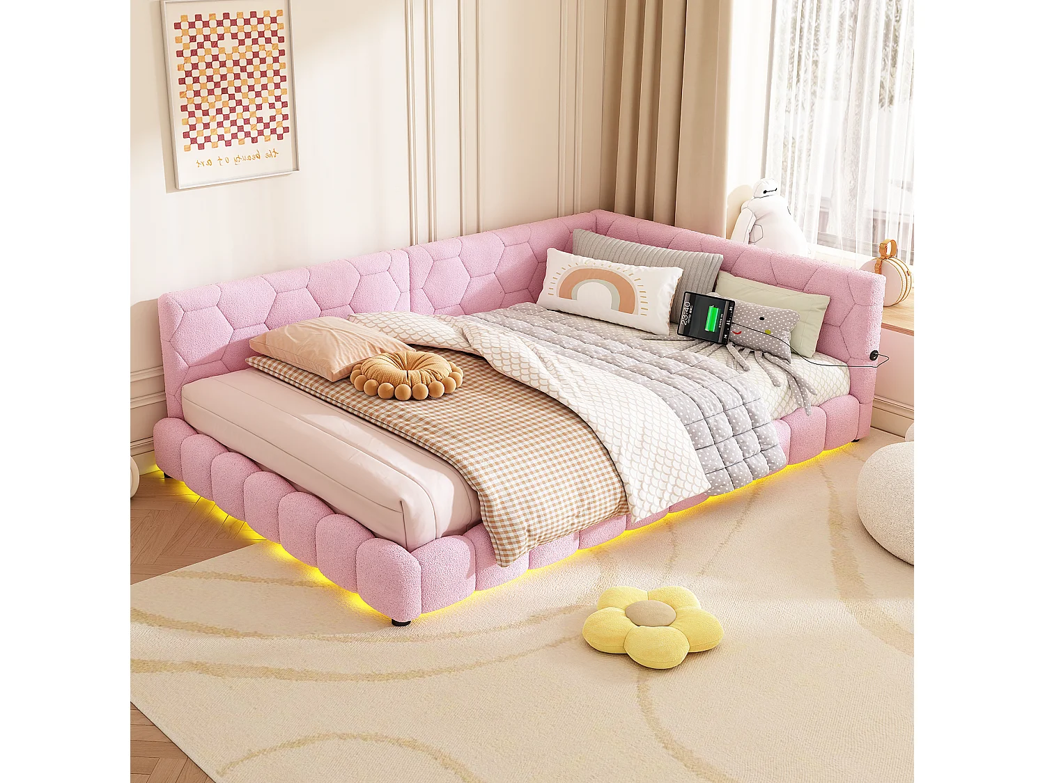 Łóżko tapicerowane 140 x 200 cm z zagłówkiem dla dorosłych - LED + port USB - Tkanina pluszowa - Róż 3351705 - obrazek 1
