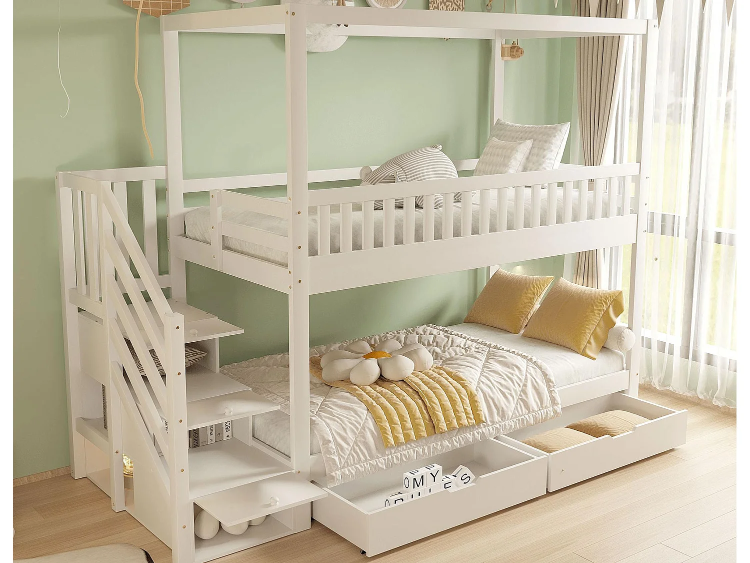 Łóżko piętrowe dziecięce 90×200 cm - design z barierką bezpieczeństwa - z 2 szufladami - drabinka bezpieczeństwa - białe 4133161 - obrazek 1
