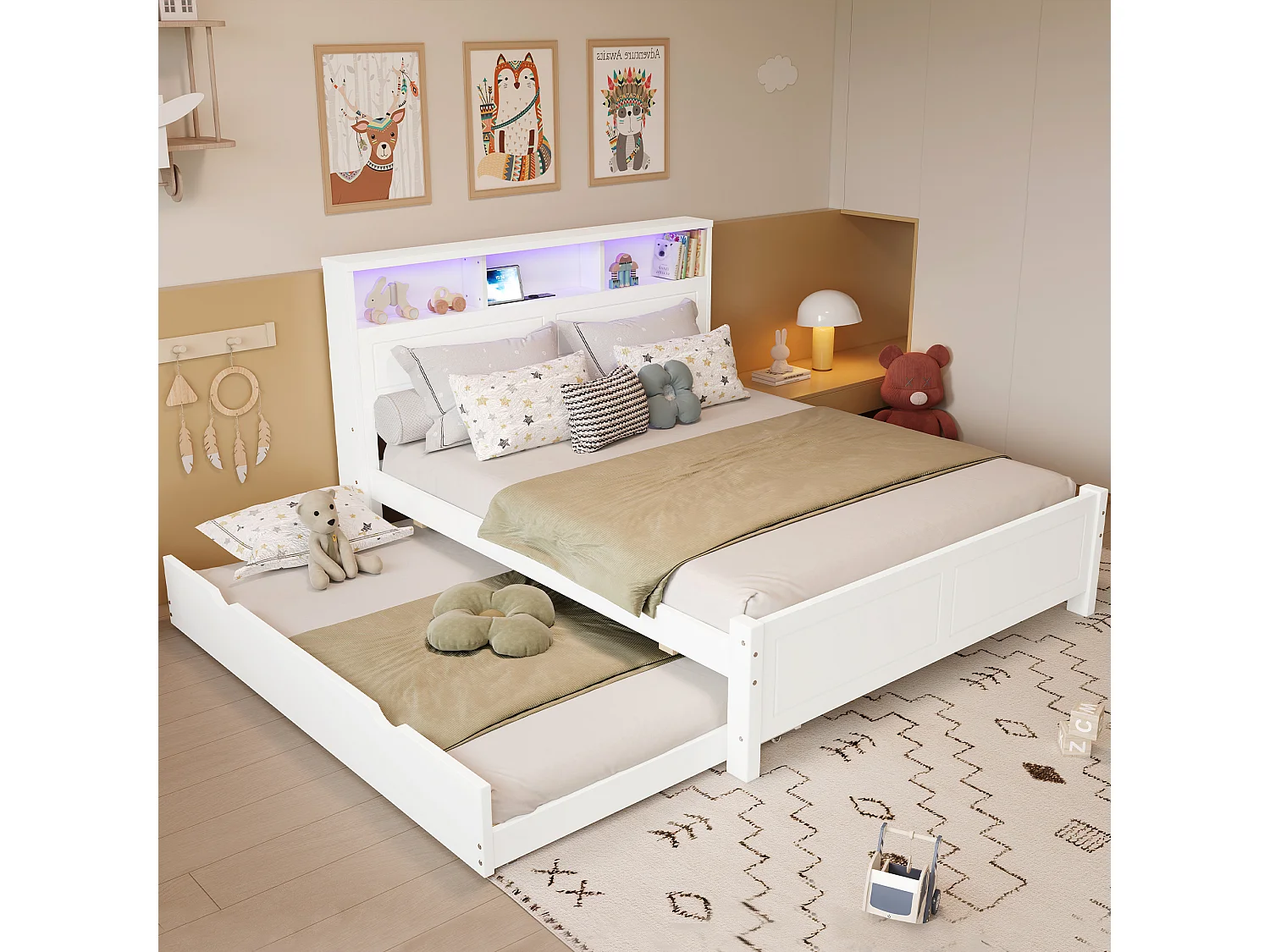 Łóżko podwójne wysuwane - 120 x 200 cm + 90 x 190 cm - z diodami LED i schowkiem przy wezgłowiu - sosna + MDF - białe 4152825 - obrazek 1
