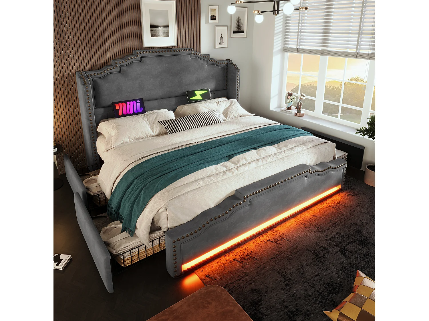 Łóżko tapicerowane podwójne ze schowkiem - 160 x 200 cm - z diodami LED + USB-C + 4 szuflady - aksamit - szare 4153001 - obrazek 1