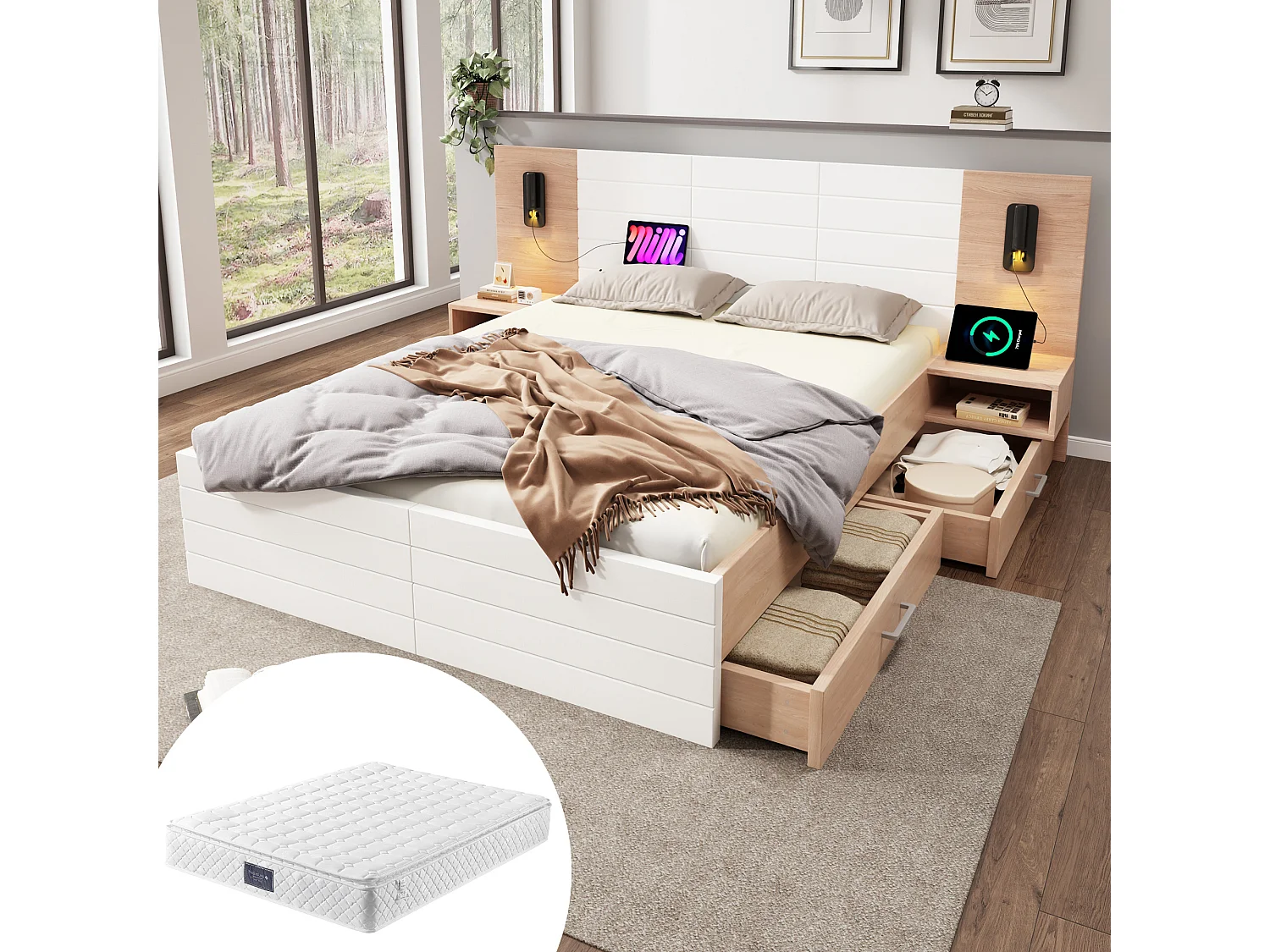 Łóżko podwójne ze schowkiem - 140 x 200 cm - z 2 szufladami + zagłówkiem z diodami LED + USB - 2 szafki nocne - z materacem - białe 4153004 - obrazek 1