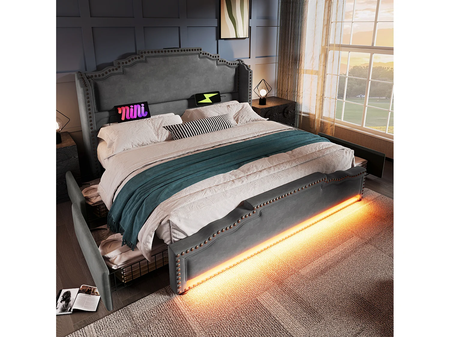Łóżko tapicerowane podwójne ze schowkiem - 180 x 200 cm - z diodami LED + USB-C + 4 szuflady - aksamit - szare 4153003 - obrazek 1