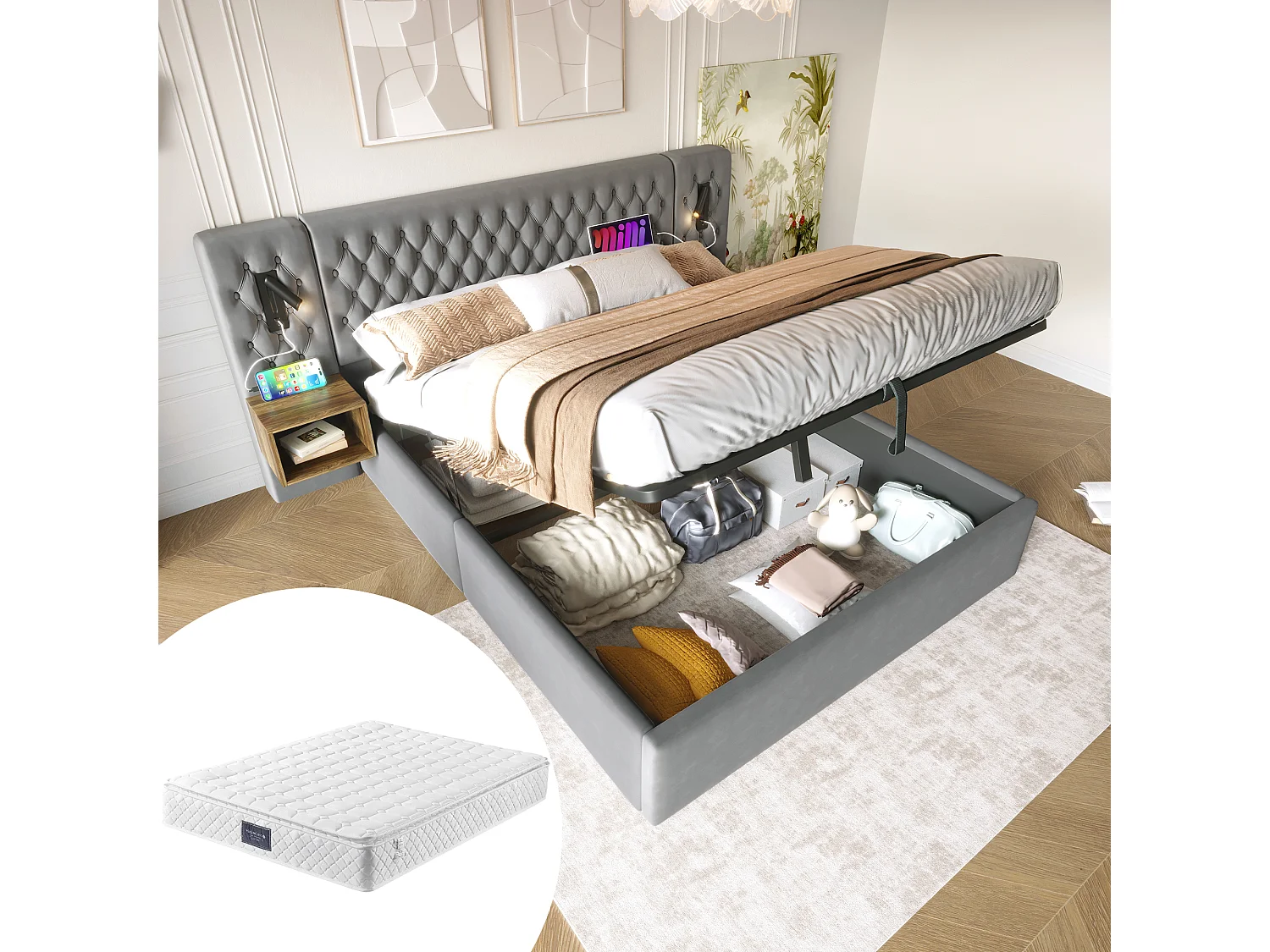 Łóżko tapicerowane ze schowkiem - 160 x 200 cm - z 2 szafkami nocnymi + zagłówkiem z diodami LED i USB - z materacem - aksamit - szare 4153005 - obrazek 1