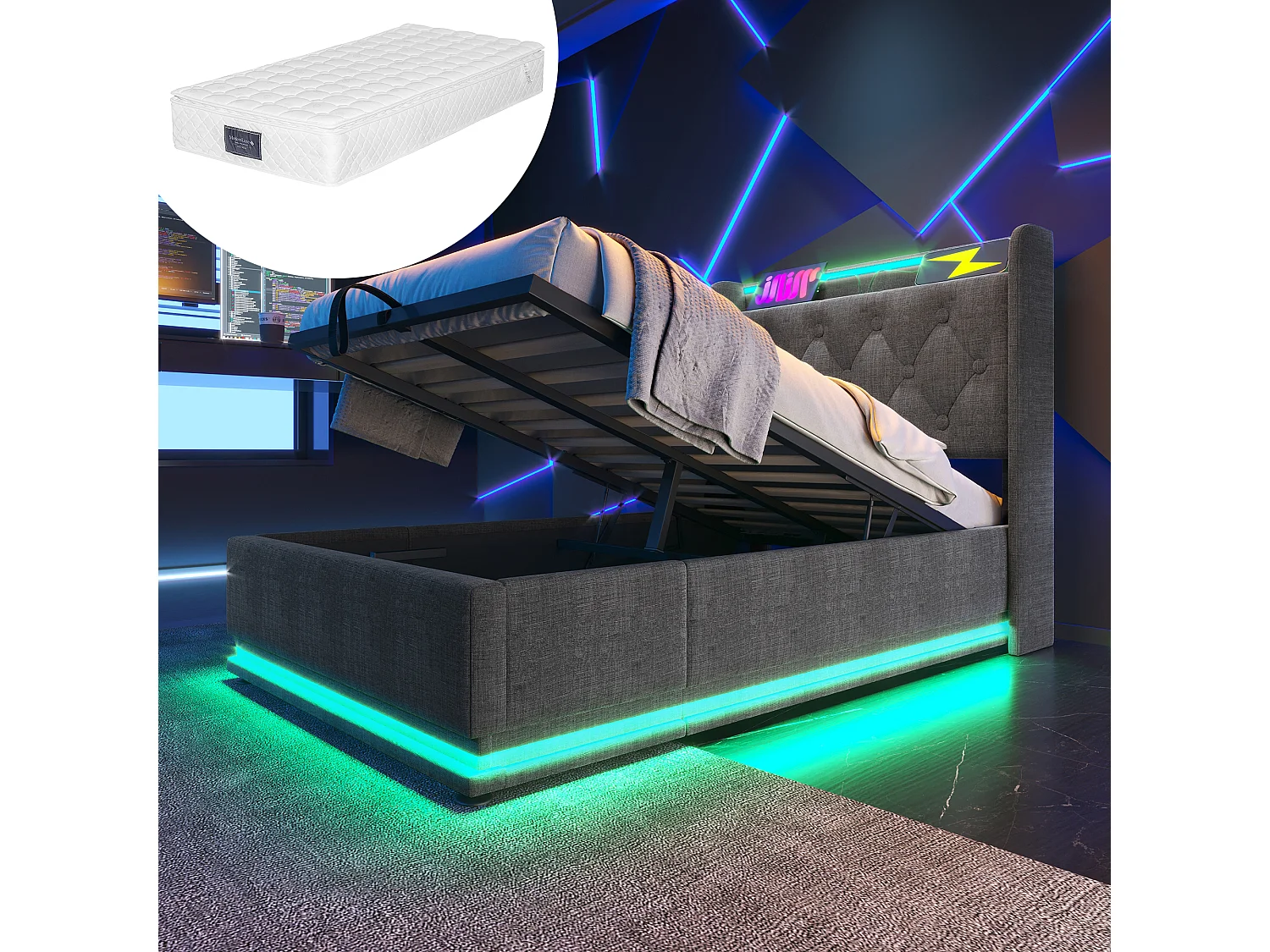 Łóżko tapicerowane dziecięce - z diodami LED 360 stopni - zagłówek z USB - z materacem - materiał lniany - szary 4153014 - obrazek 1