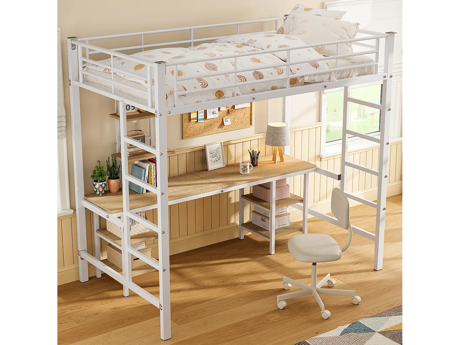 Łóżko piętrowe dla dzieci - 90 x 200 cm - ze stołem i półkami do przechowywania - żelazo + MDF - białe 4153369 - obrazek 1