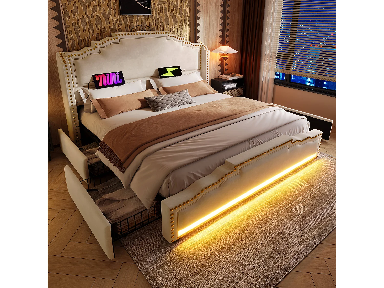 Łóżko tapicerowane podwójne ze schowkiem - 180 x 200 cm - z diodami LED + USB-C + 4 szuflady - aksamit - beż 4155341 - obrazek 1