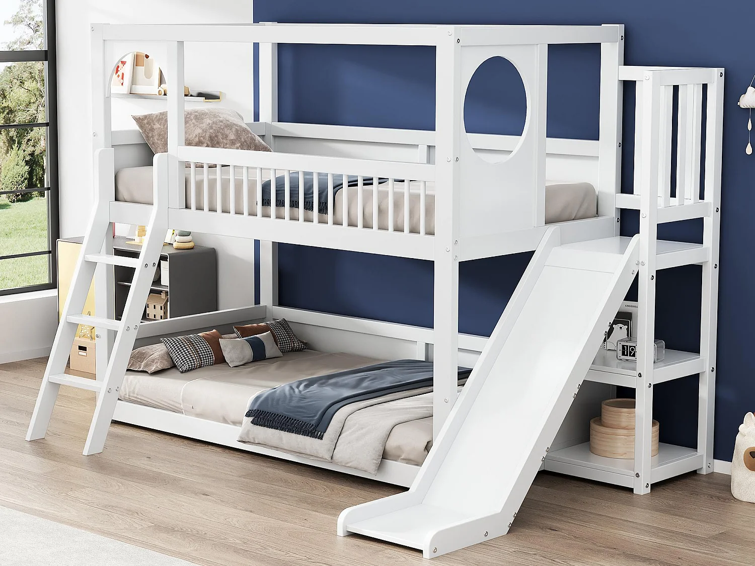 Łóżko piętrowe wielofunkcyjne dla dzieci - z drabinką i zjeżdżalnią - 2x90x200cm - z litego drewna - Białe 2536319 - obrazek 1