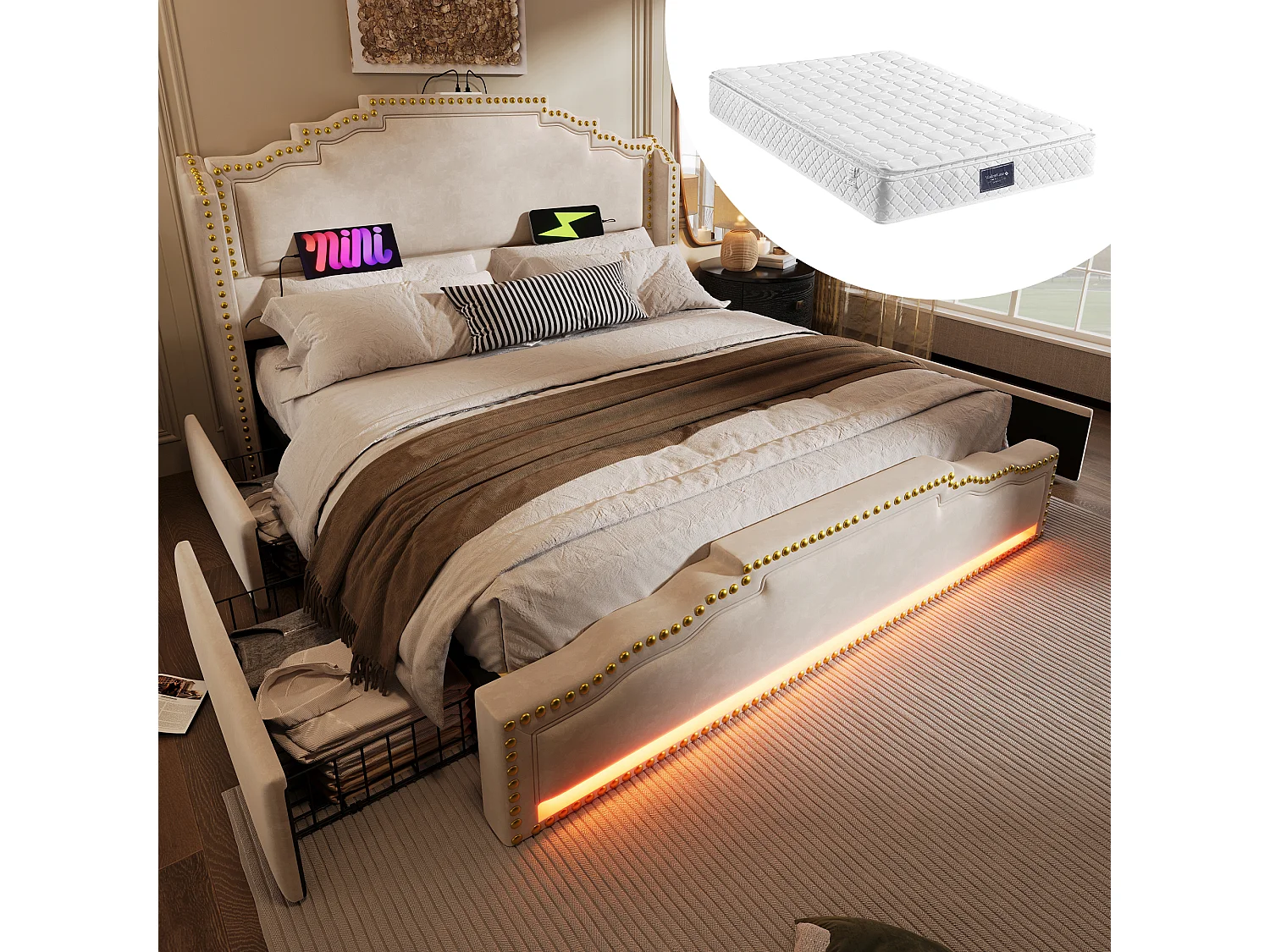 Łóżko tapicerowane podwójne ze schowkiem - 140 x 200 cm - z 4 szufladami + LED + USB - z materacem - aksamit - beż 4171524 - obrazek 1