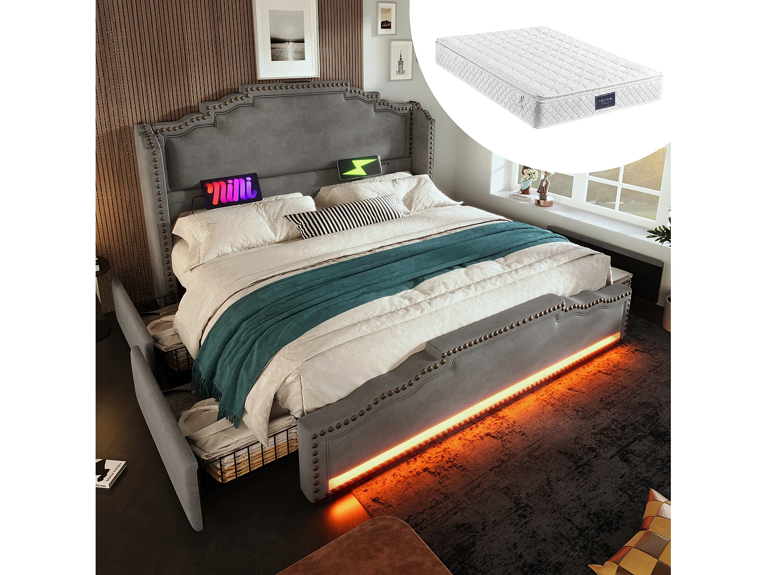 Łóżko tapicerowane podwójne ze schowkiem - 160 x 200 cm - z 4 szufladami + LED + USB - z materacem - aksamitne - szare 4171526 - obrazek 1