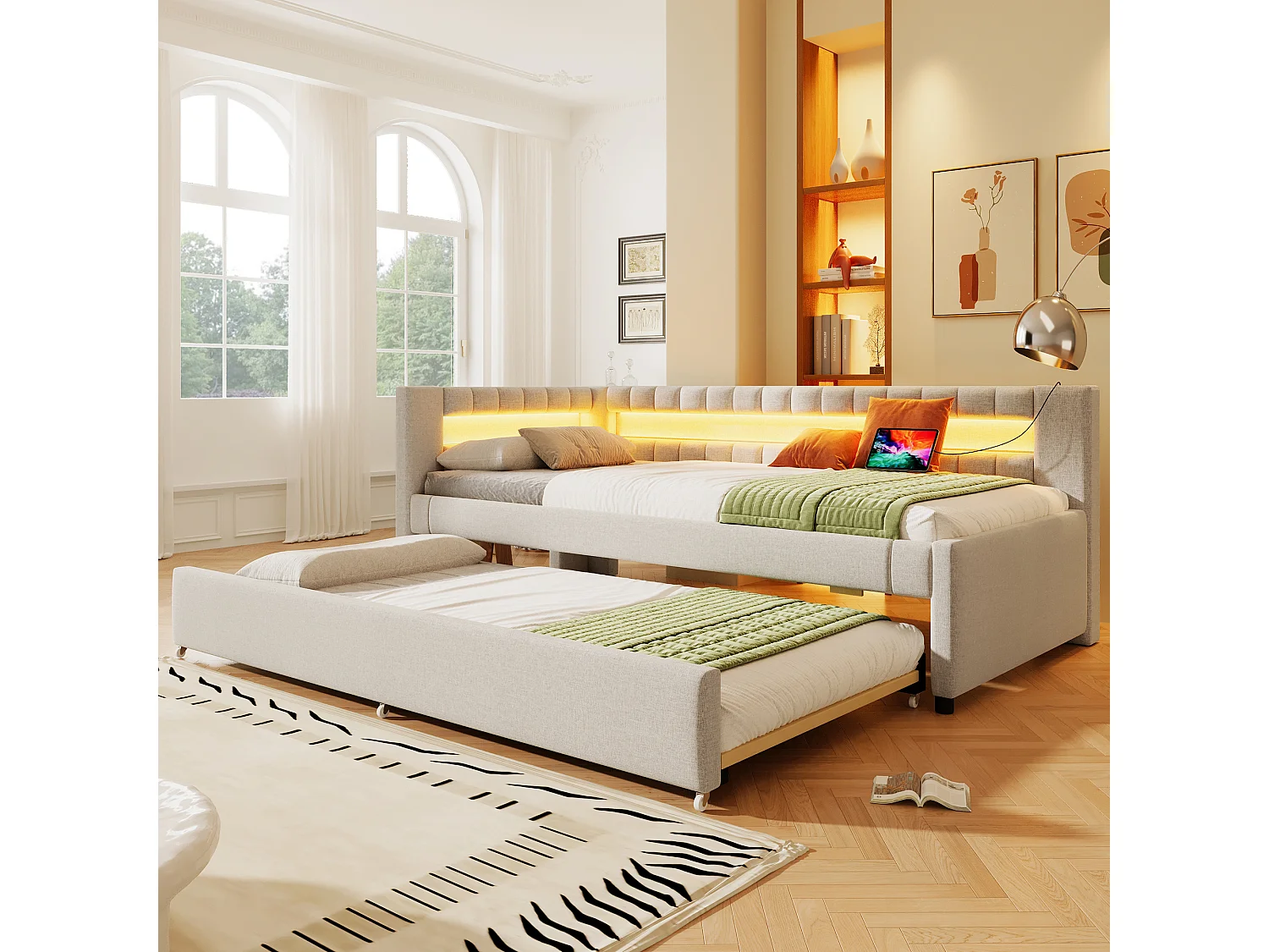 Łóżko tapicerowane wysuwane - 90 x 200 cm + 90 x 190 cm - z diodami LED + USB + Type-C - bez materaca - len + MDF - beż 4188680 - obrazek 1