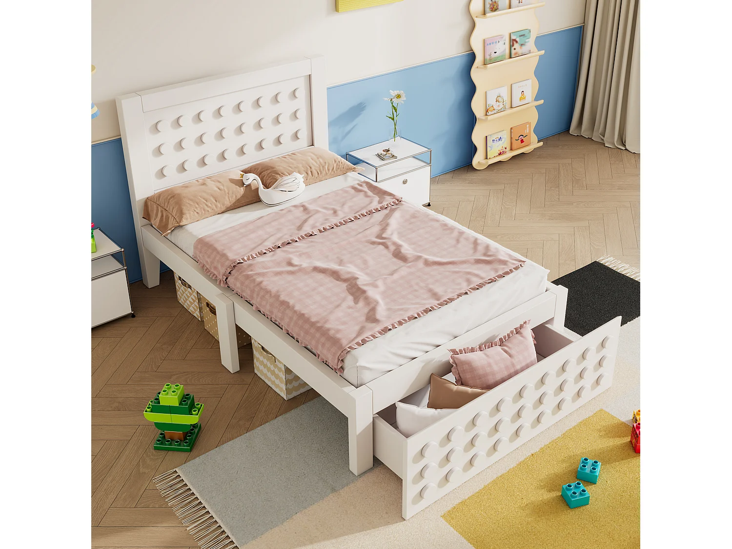 Łóżko pojedyncze drewniane - 90 x 200 cm - design creative block - z podstawą z listew + 1 szuflada - lite drewno + MDF - białe 4188752 - obrazek 1