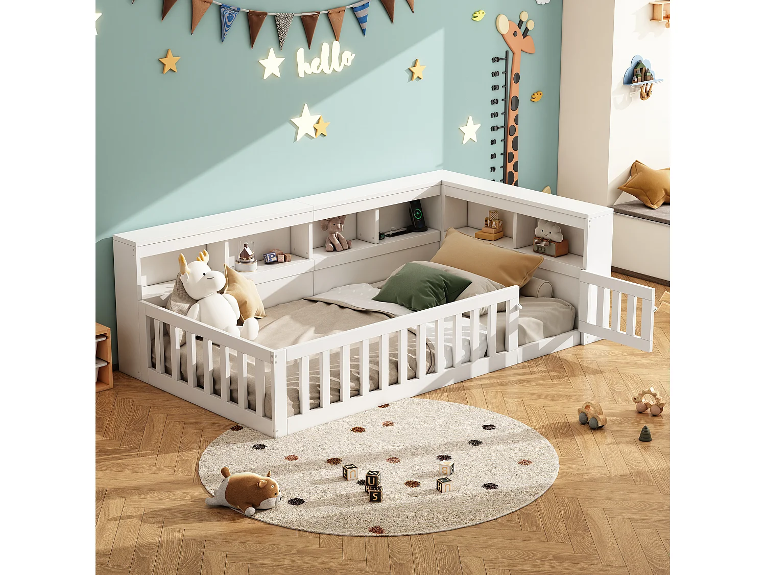 Łóżko pojedyncze dla dzieci - 90 x 200 cm - szafka nocna z pojemnikiem + gniazdko + USB - ze stelażem - płyta wiórowa - białe 4188825 - obrazek 1