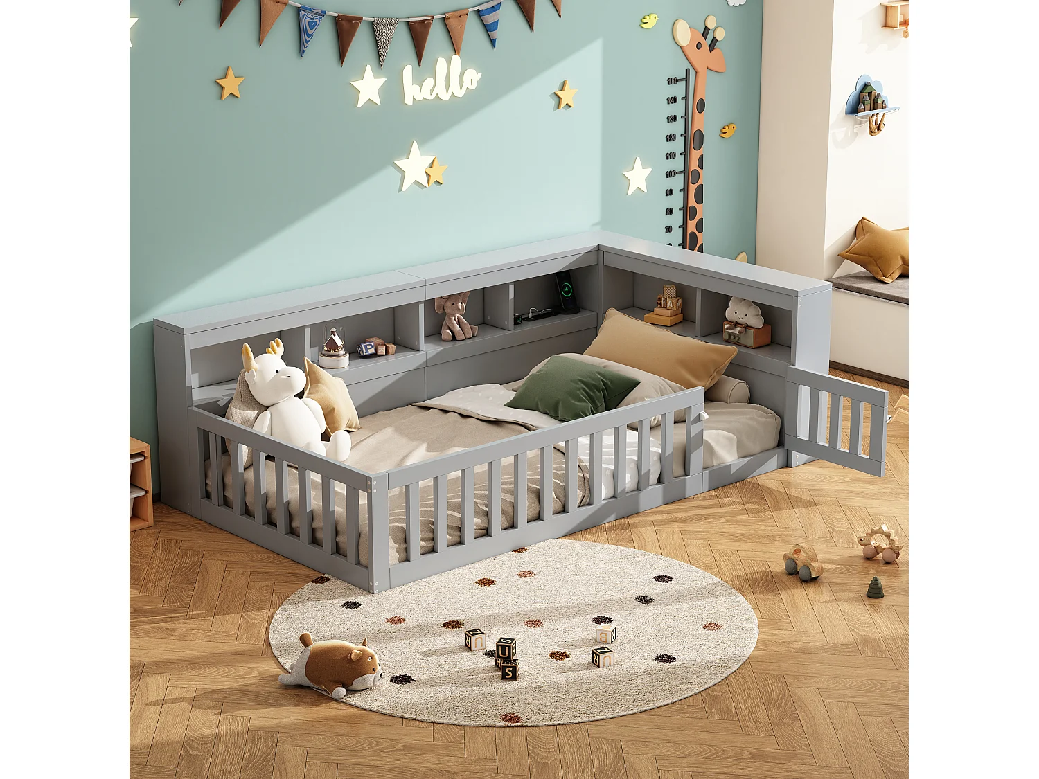 Łóżko pojedyncze dla dzieci - 90 x 200 cm - szafka nocna z pojemnikiem + gniazdko + USB - z listwami - płyta wiórowa - szare 4188842 - obrazek 1