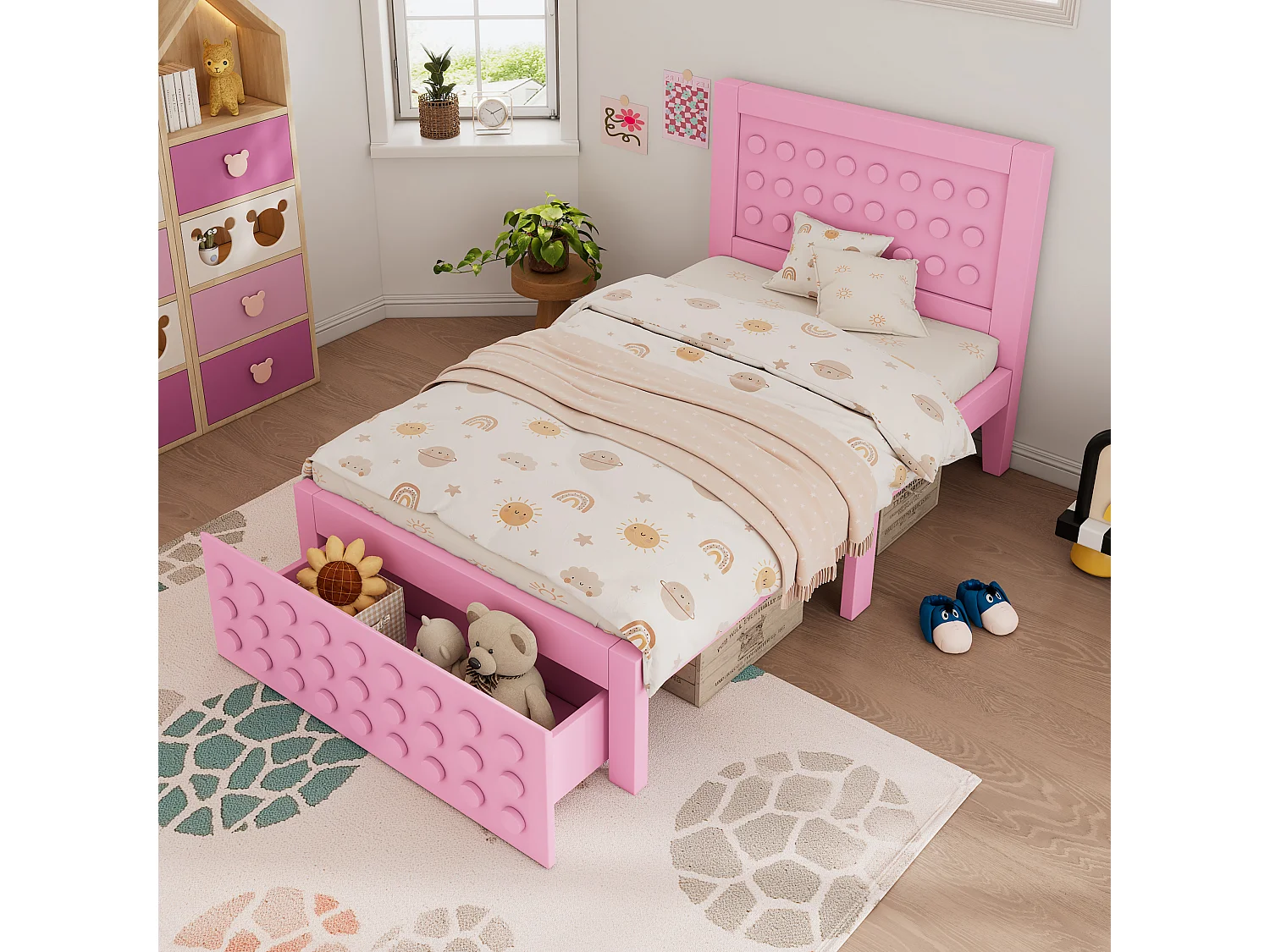 Łóżko pojedyncze drewniane - 90 x 190 cm - design creative block - z podstawą z listew + 1 szuflada - lite drewno + MDF - różowe 4188987 - obrazek 1