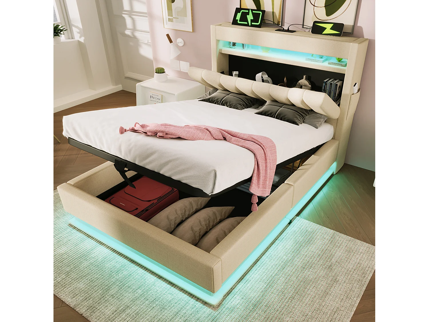 Łóżko tapicerowane ze schowkiem - 90 x 200 cm - z zagłówkiem + USB + LED - schowek hydrauliczny - len - beż 4189338 - obrazek 1