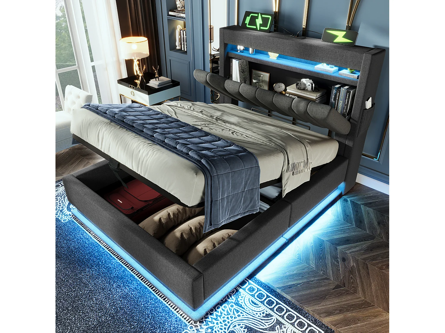 Łóżko tapicerowane ze schowkiem - 90 x 200 cm - z wezgłowiem + USB + LED - schowek hydrauliczny - len - szary 4189341 - obrazek 1