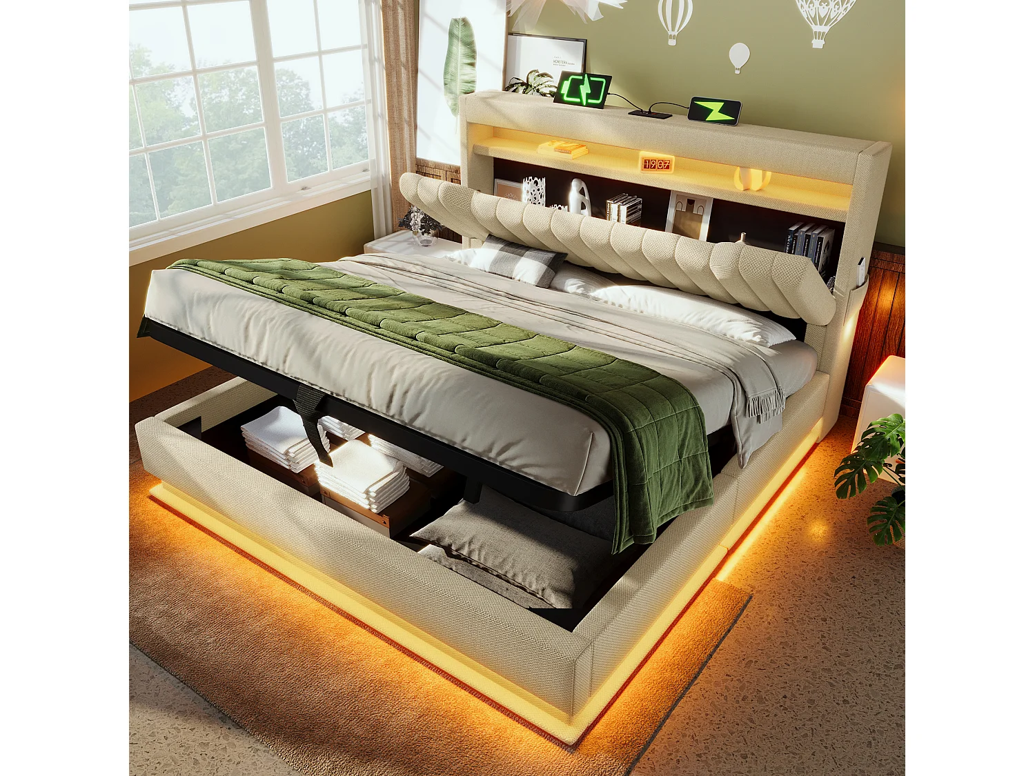 Łóżko tapicerowane podwójne ze schowkiem - 160 x 200 cm - z zagłówkiem + USB + LED + schowek hydrauliczny - len - beż 4189342 - obrazek 1