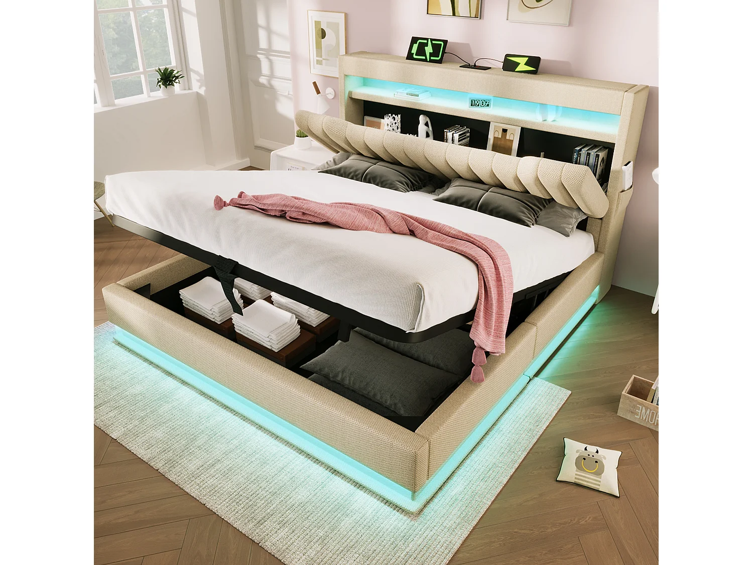 Łóżko tapicerowane podwójne ze schowkiem - 180 x 200 cm - z zagłówkiem + USB + LED + schowek hydrauliczny - len - beż 4189345 - obrazek 1