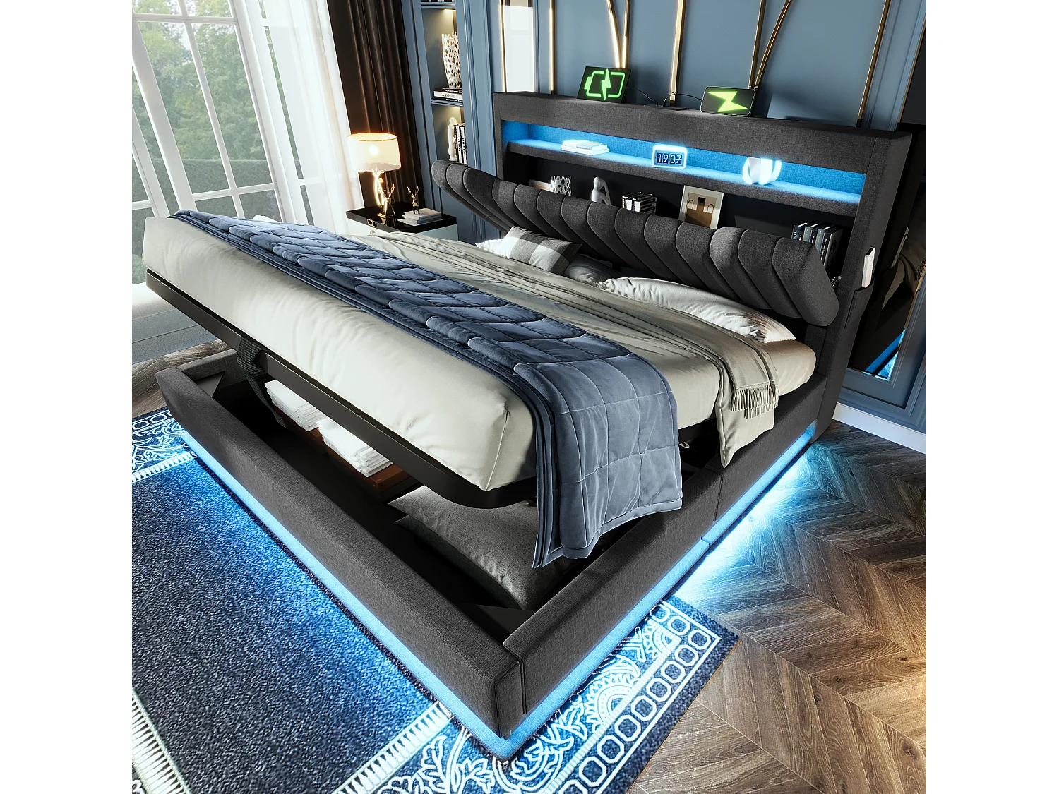 Łóżko tapicerowane ze schowkiem - 140 x 200 cm - z wezgłowiem + USB + LED - schowek hydrauliczny - len - szary 4189350 - obrazek 1