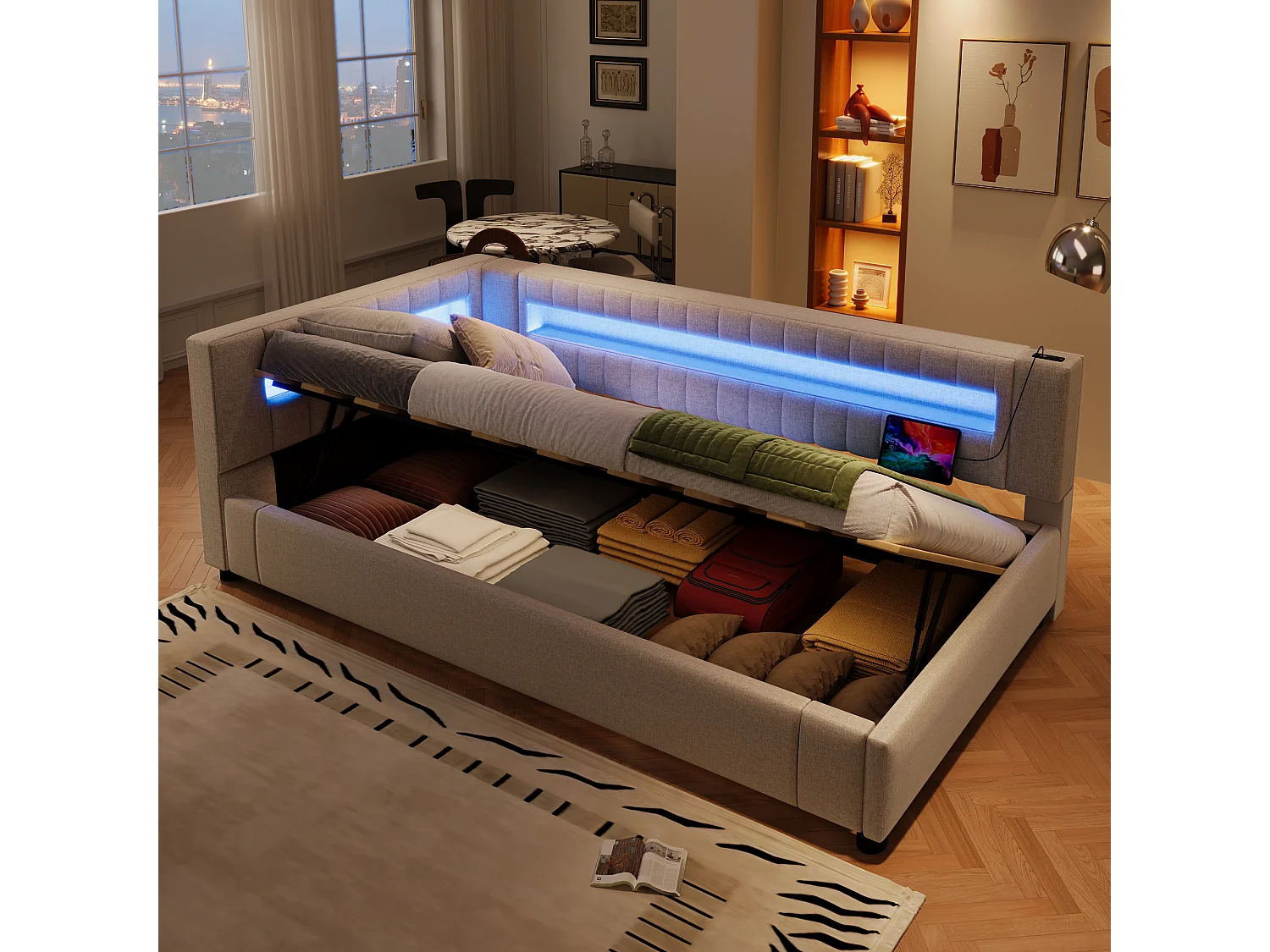 Łóżko tapicerowane ze schowkiem - 90 x 200 cm - z LED + USB + Type-C + schowek hydrauliczny - len + MDF - beż 4189355 - obrazek 1