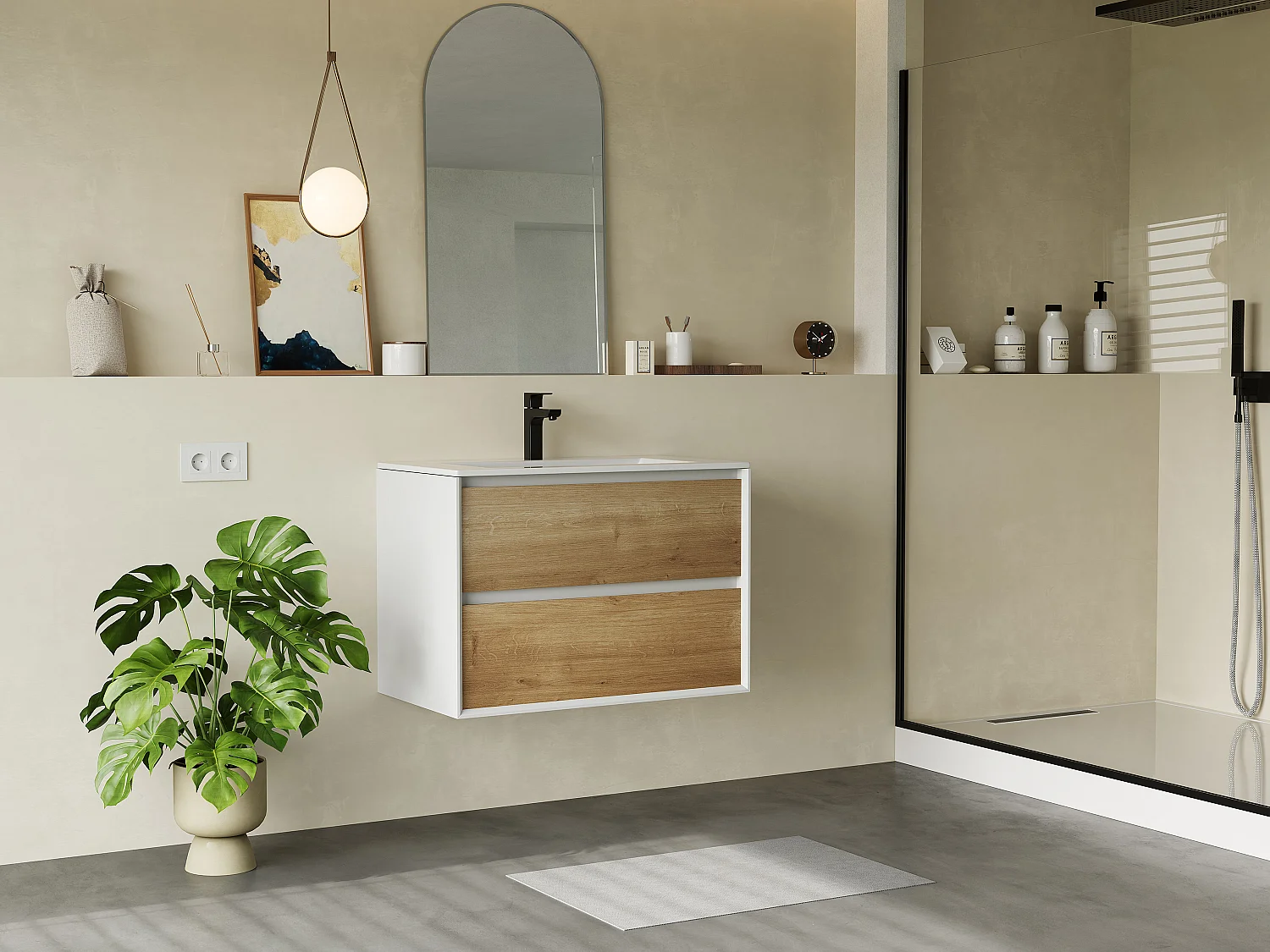 Szafka pod umywalkę wisząca naturalny i biały – 80 cm – LANNICK 3236178
