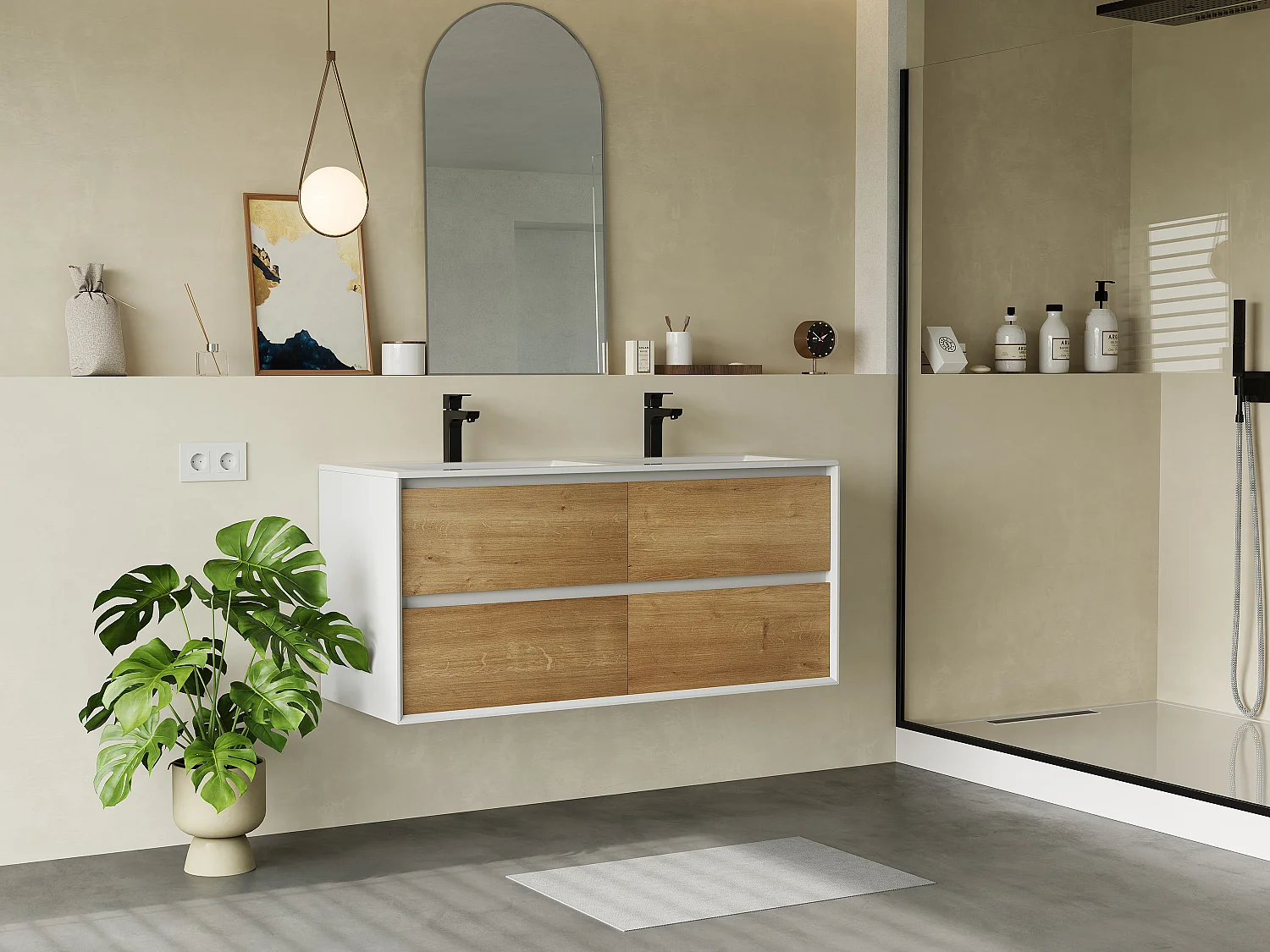 Szafka pod umywalkę wisząca - Naturalny jasny i biały - 120 cm - LANNICK 3236179 - obrazek 1