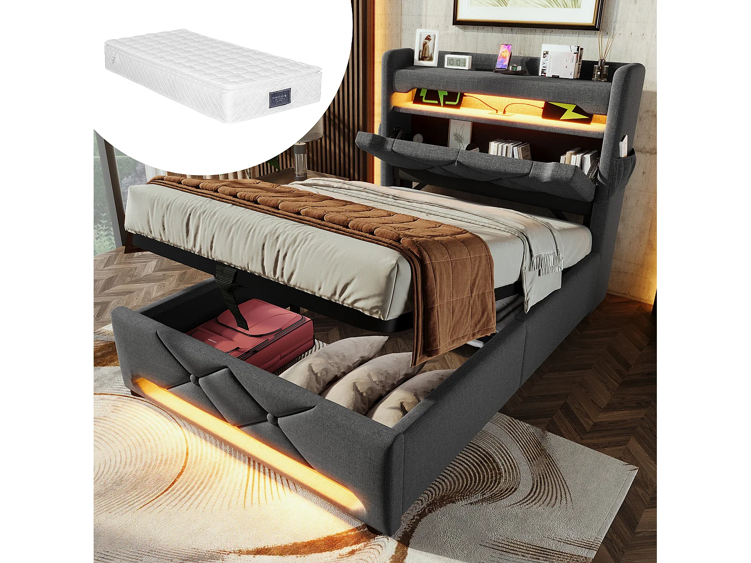 Łóżko tapicerowane ze schowkiem - 90 x 200 cm - zagłówek z USB + Type-C + LED - schowek hydrauliczny - z materacem - len - szary 4211686 - obrazek 1