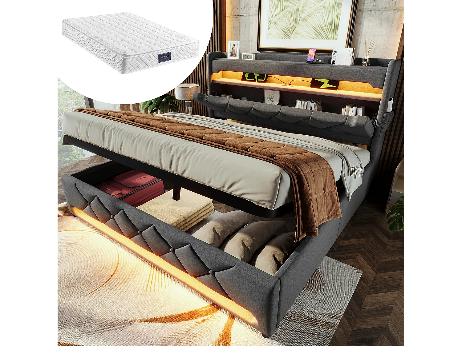 Łóżko tapicerowane ze schowkiem - 140 x 200 cm - zagłówek z USB + Type-C + LED - schowek hydrauliczny - z materacem - len - szary 4211689 - obrazek 1