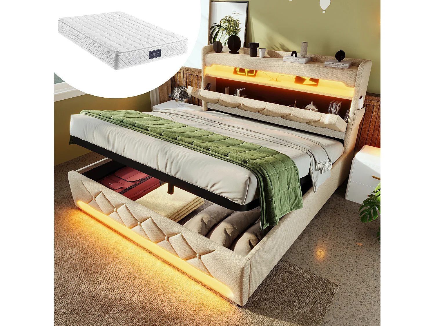Łóżko tapicerowane ze schowkiem - 140 x 200 cm - zagłówek z USB + Type-C + LED - schowek hydrauliczny - z materacem - len - beż 4211690 - obrazek 1