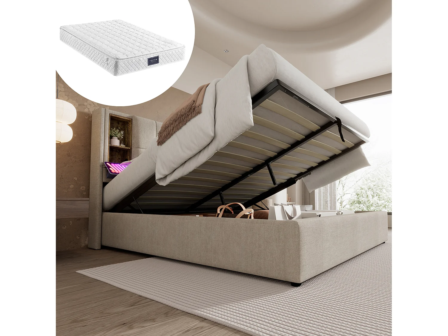 Łóżko tapicerowane dwuosobowe ze schowkiem - 140 x 200 cm - Materac + Zagłówek z USB - Tkanina lniana - naturalna 4211691 - obrazek 1